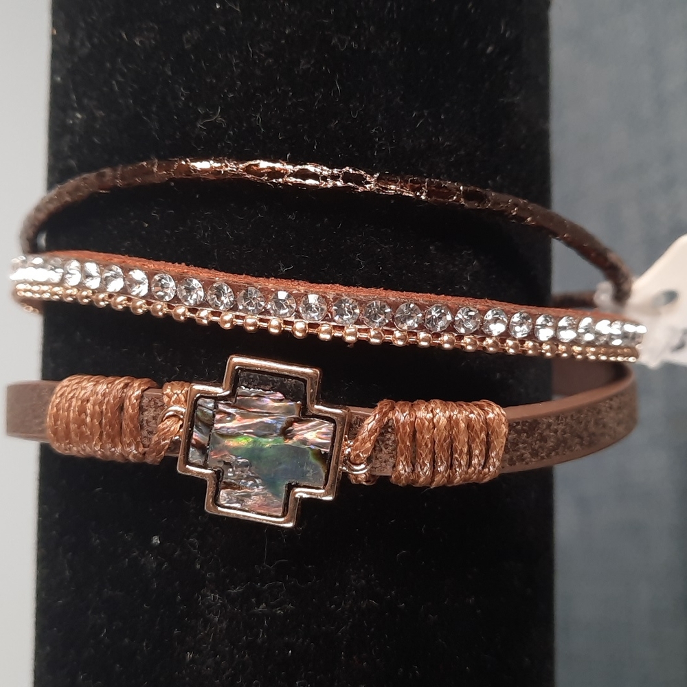 Brown Leather Gold Cross Religious Abolone Shell Pearl Magnetic Closure Bracelet
